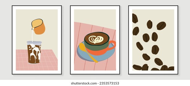 Drink and beverage wall art vector set. Hand drawn doodle design with coffee glass, coffee beans. Illustration for print, wallpaper, cover, restaurant picture decoration, cafe interior.