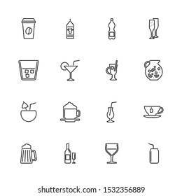 Drink, Beverages, alcohol outline icons set - Black symbol on white background. Drink, Beverages Simple Illustration Symbol - lined simplicity Sign. Flat Vector thin line Icon - editable stroke