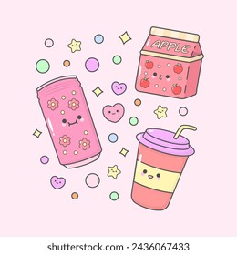 drink beverages can coffee cup milk with cute facial expressions and pastel colour