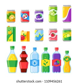 Drink beverages. Cold energy or fizzy soda beverage, sparkling water and canned fruit juice in glass bottles. Cartoon colorful purple orange green red blue yellow drinks isolated flat vector icons set