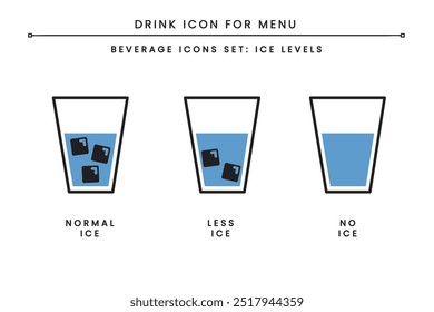 Bebida Bebidas Icono Set para el menú. Niveles de hielo. El hielo normal, menos hielo, ningún hielo. puede utilizar el símbolo en el menú para el restaurante, cafetería, café. Vector aislado de contorno de color plano limpio simple.