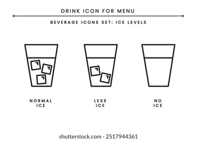 Drink Beverages Icon Set for Menu. Ice levels. Normal ice, Less Ice, No Ice. can use symbol in menu for restaurant, coffee shop, cafe. Simple clean flat color outline isolated vector.