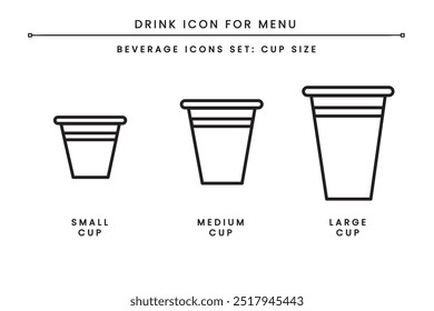 Drink Beverages Icon Set for Menu. Cup sizes. small cup, medium cup, large cup. can use symbol in menu for restaurant, coffee shop, cafe. Simple clean flat color outline isolated vector.