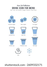 Drink Beverages Icon Set for Menu. Hot Ice, Cup sizes, sugar levels, ice levels. can use symbol in menu for restaurant, coffee shop, cafe. Simple clean flat color outline isolated