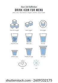 Drink Beverages Icon Set for Menu. Hot Ice, Cup sizes, sugar levels, ice levels. can use symbol in menu for restaurant, coffee shop, cafe. Simple clean flat color outline isolated