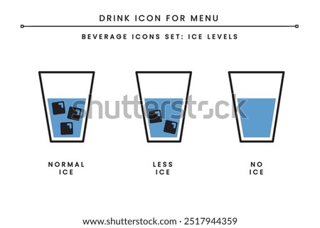 Drink Beverages Icon Set for Menu. Ice levels. Normal ice, Less Ice, No Ice. can use symbol in menu for restaurant, coffee shop, cafe. Simple clean flat color outline isolated vector.