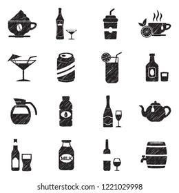 Drink And Beverages Icons. Black Scribble Design. Vector Illustration.