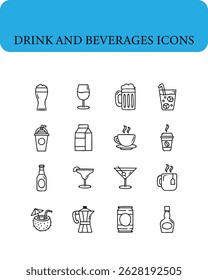 drink and beverages. Linear icon collection. Editable stroke.