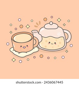 drink beverages tea time with cute facial expressions and pastel colour