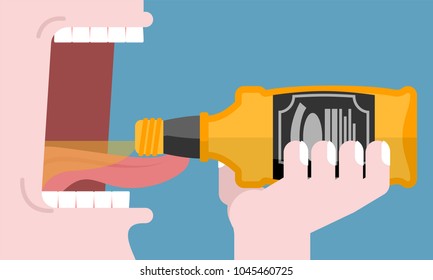 Drink bottle alcohol. Open mouth and whiskey, bourbon. Pour in tequila. Alcoholic. Teeth and tongue
