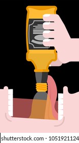 Drink bottle alcohol. Open mouth and whiskey, bourbon. Pour in tequila. Alcoholic. Teeth and tongue
