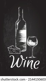 Drink in a bottle with a glass and cheese drawn in chalk on a blackboard. Pub menu. Vector illustration
