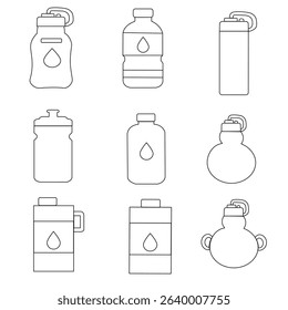 Drink bottle icon set in flat style, featuring water, soda, juice, and energy drink bottles. Ideal for UI, apps, infographics, and packaging. Clean, modern, and scalable vector design.