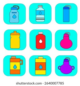 Drink bottle icon set in flat style, featuring water, soda, juice, and energy drink bottles. Ideal for UI, apps, infographics, and packaging. Clean, modern, and scalable vector design.