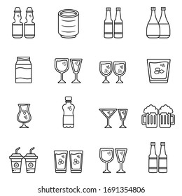 Iconos de botellas de bebida establecen la ilustración vectorial. Bebida, Botella, Comida, Alcohol, Líquido, Jugo, Fresco, Copa, Vidrio. Pixel perfecto. Trazo editable