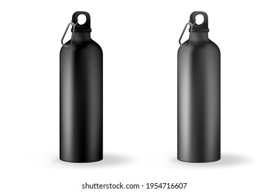 Drink Bottle Vector realistic 3d black, white and silver empty glossy metal water bottle. Design template of packaging mockup for graphics. Front View.