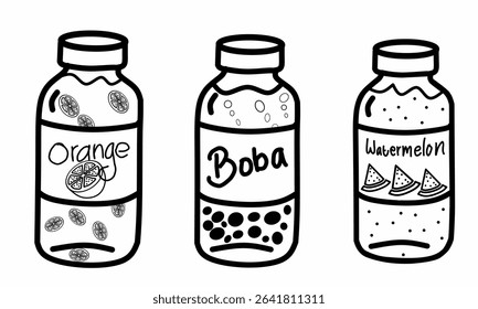 drink bottles with boba, watermelon and fresh orange flavors