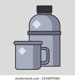 Drink bottles and mugs for camping, recreation, mountain climbing isolated on gray background