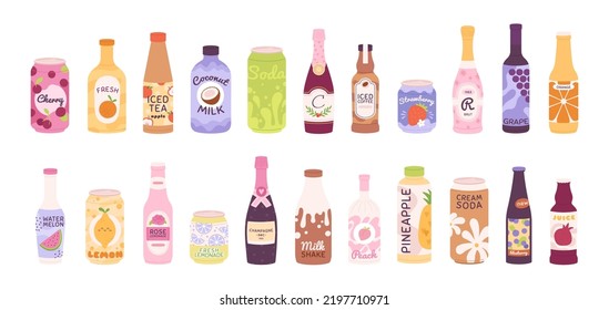 Drink bottles set. Carbonated lemonade, beer, soda drinks in bottle and aluminum can. Sparkle champagne refreshment, juice racy vector collection