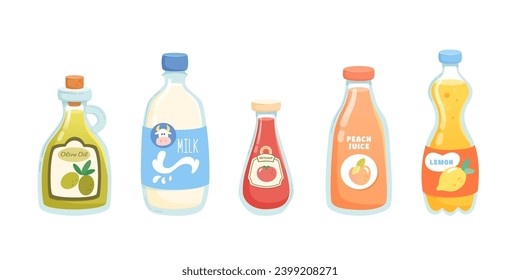 Drink bottles set flat vector illustration isolated on white background. Juices, milk, oil and ketchup in glass and plastic packagings. Cartoon food design for kitchen,menu, restaurant and cooking.