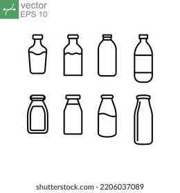 Drink bottles signage in line set, plastic or glass beverage container for liquid used for food and drink business. Milk bottle set icon. Vector illustration. Design on white background. EPS 10