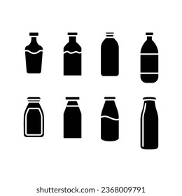 Drink bottles signage set in solid icon, plastic or glass beverage container for liquid used for food and drink business. Milk bottle icon set. Vector illustration. Design on white background. EPS 10