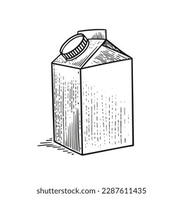 Paquete de caja de bebida boceto negro estilo de grabado de arte ilustración vectorial aislado en fondo blanco.