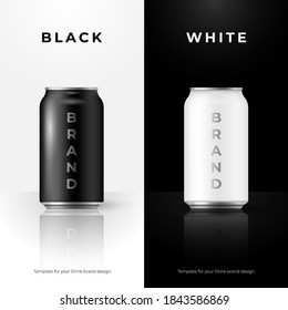 Drink Brand Design Template of black and white can, 3d illustration, Vector Can bottles, can of coffee, energy, beer, soda, lemonade  Banner template for drink promotion, Can Mockup, Bottle Mockup 