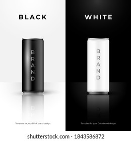 Drink Brand Design Template Of Black And White Can, 3d Illustration, Vector Can Bottles, Can Of Coffee, Energy, Beer, Soda, Lemonade  Banner Template For Drink Promotion, Can Mockup, Bottle Mockup 