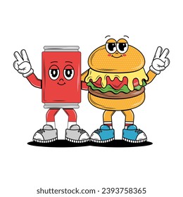 Drink and Burger character in retro vintage style. Groovy cartoon mascot with psychedelic smile and emotion. Funky vector illustration