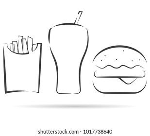 Drink, burger and potato logo on white background