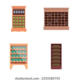 Drink cabinet icons set cartoon vector. Wine bottle inside wooden cabinet. Wine cellar equipment