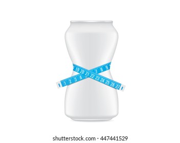 Drink can have a curve shape like a shapely body of woman. Beverage can  have measuring tape around. This illustration about slimming drink concept.