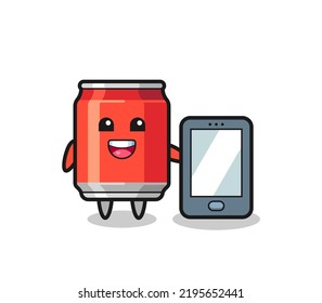 drink can illustration cartoon holding a smartphone , cute style design for t shirt, sticker, logo element