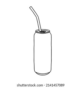 Drink can with straw mockup. Hand drawn vector illustration with Aluminum can. Used for poster, banner, t-shirt print, bag print, badges and logo design.