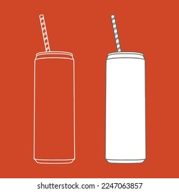 Drink can with straw mockup. Hand drawn vector illustration with Aluminum can. 