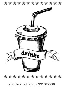 Drink in a cardboard cup with a straw and banner. Hand drawn vector illustration. Menu template.