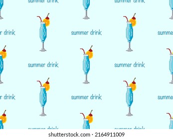 Drink cartoon character seamless pattern on blue background. Pixel style.