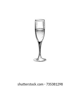 Drink Champagne Sign. Christmas Party Icon With Wine Glass. Hand Drawn Holiday Card Design