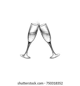 Drink Champagne Sign. Christmas Party Icon With Clinking Wine Glasses. Hand Drawn Holiday Card Design