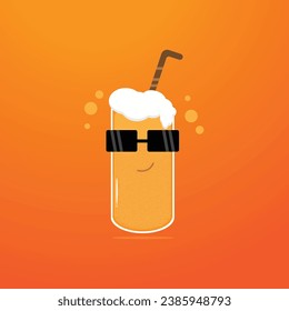 Drink characters in cute glasses. Vector hand drawn cartoon kawaii character illustration icon. Isolated on orange gradient green background. Drink cartoon character concept