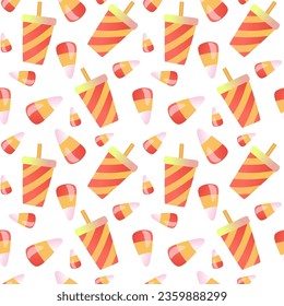 A drink in the cinema and candy corn. Seamless pattern. Perfect for various projects like textiles, paper crafts, and more. vector