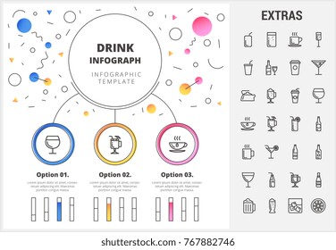 Drink circle infographic template, elements and icons. Infograph includes customizable bar charts, line icon set with bar drinks, alcohol beverage, variety of glasses, non-alcoholic beverages etc.