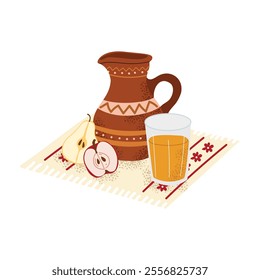 Drink in clay pot with apple and pear.  Uzvar, Ukrainian traditional drink on vyshyvanka. Hand drawn vector illustration. White isolated background. 