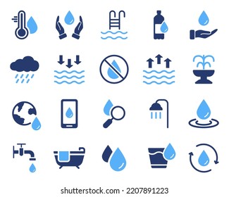 Beba Silhouette de agua limpia conjunto de iconos negros. Pictograma de glifo líquido por gota de agua. Faucet, Tap, Fuente, Soda, Lluvia, Ducha, Símbolo De La Pureza De Baño Aqua. Ilustración de vectores aislados.