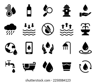 Drink Clean Water Silhouette Black Icon Set. Water Drop Ecology Liquid Glyph Pictogram. Faucet, Tap, Fountain, Soda, Rain, Shower, Bath Purity Aqua Symbol. Isolated Vector Illustration.