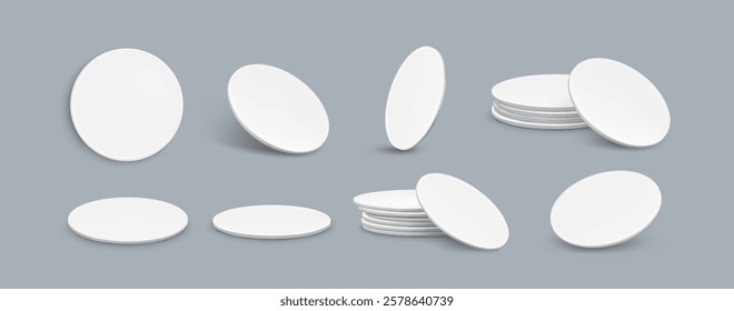 Drink coaster mockup set of blank round white objects from different angles - single piece, stacked pile, tilted position on gray backdrop. Clean minimalist template for branding presentation.