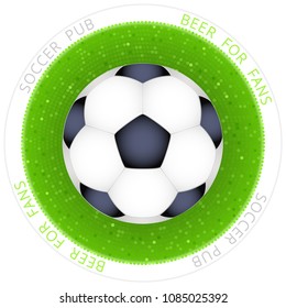 Drink coaster for soccer pubs. Round beer mat with a black and white ball on the green sparkling background. Also useful like a sports sticker, web banner, mobile app icon or print for T-shirts.
