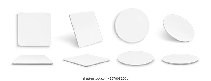 Drink coasters mockup set - white clean square and round beverage mats shown from different angles with realistic shadows. Blank templates for company branding and home protection accessories.