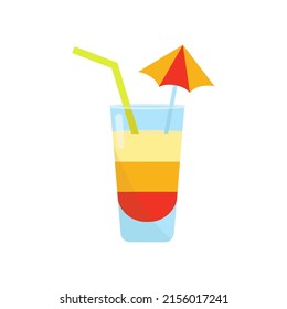 Drink cocktail and fresh orange fruit slice and making juice. Vector icon isolated illustration. Summer season pool and sea aquapark or beach party. Holiday and vacation